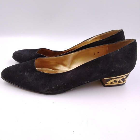 Womans Ladies Black Suede Slip On Gold Panther Heels Pumps Shoes Size 9M - Picture 4 of 9
